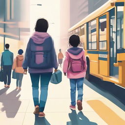 A young girl and her mother are navigating through a bustling city bus terminal in the early morning.