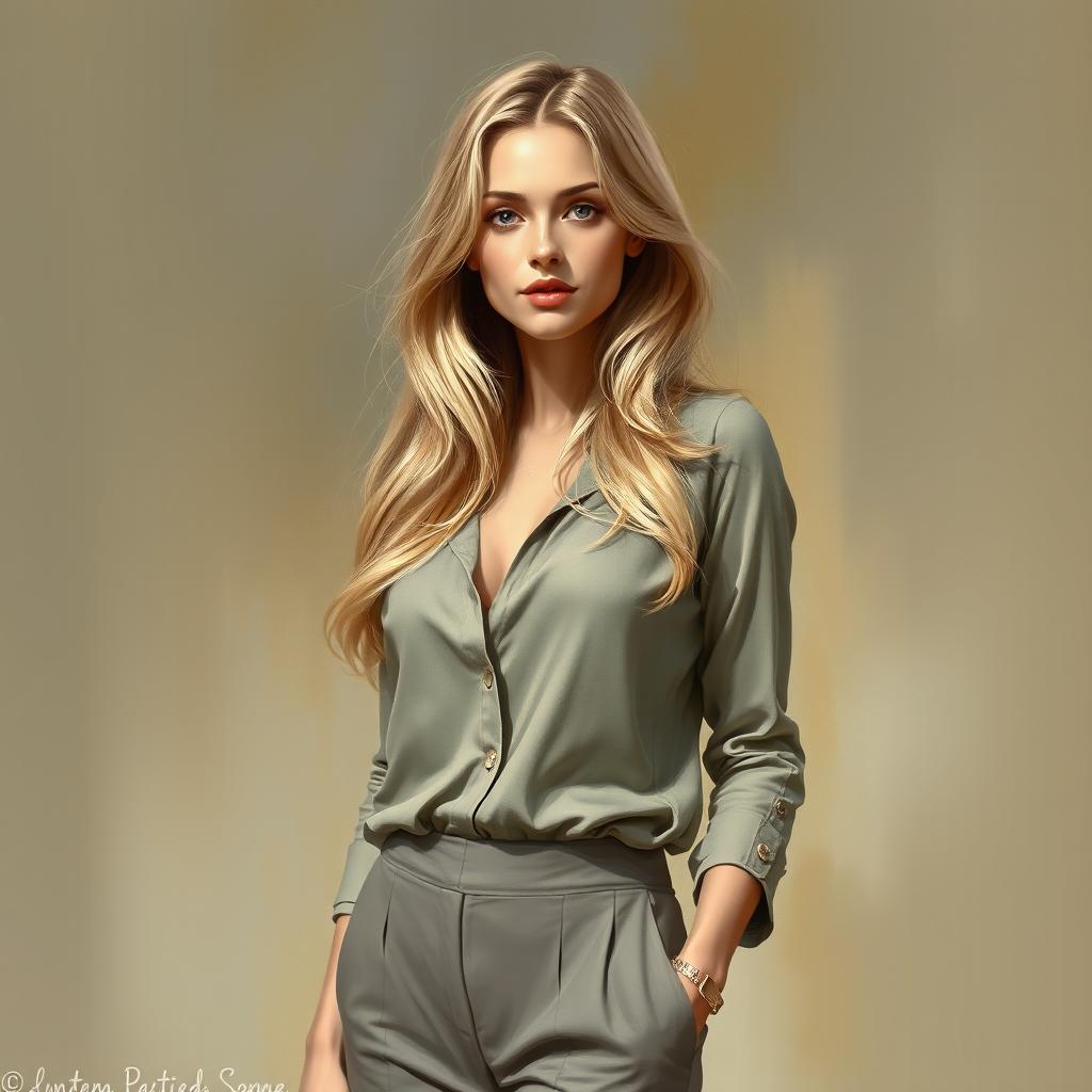 A traditional painting of a blonde woman standing full body, portrayed with great attention to detail
