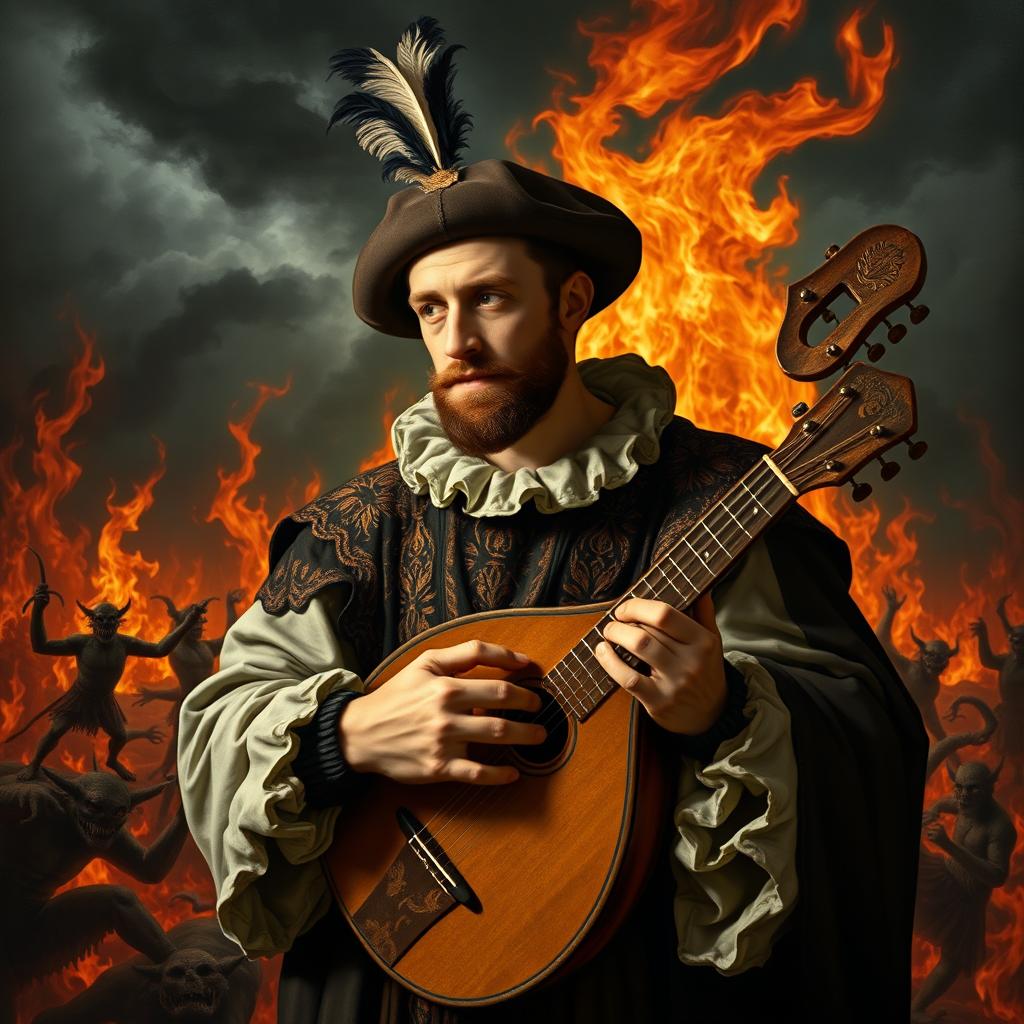 Jan Kochanowski, a 16th-century Polish poet, depicted in a surreal and imaginative scene holding a lute in a fiery, hellish environment