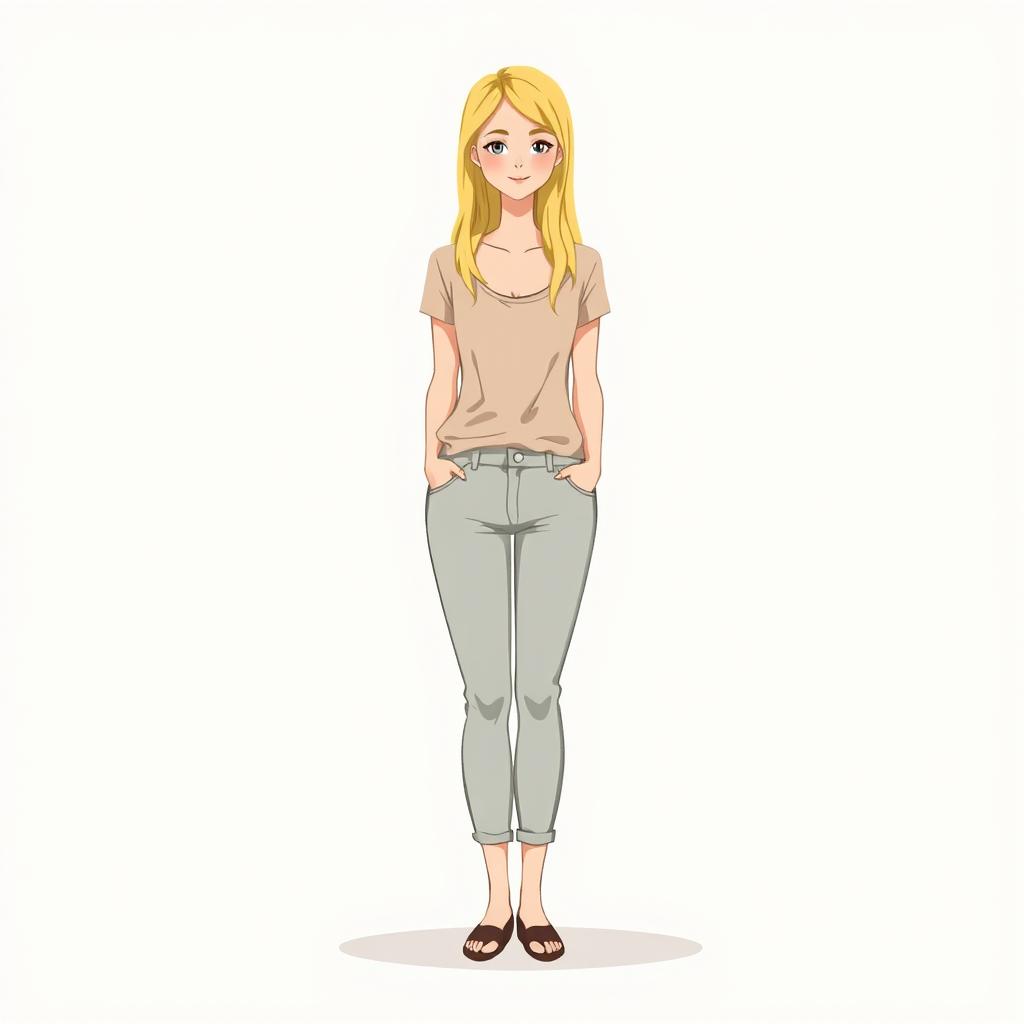 A simplified traditional painting of a blonde woman standing full body, capturing her figure in a casual pose