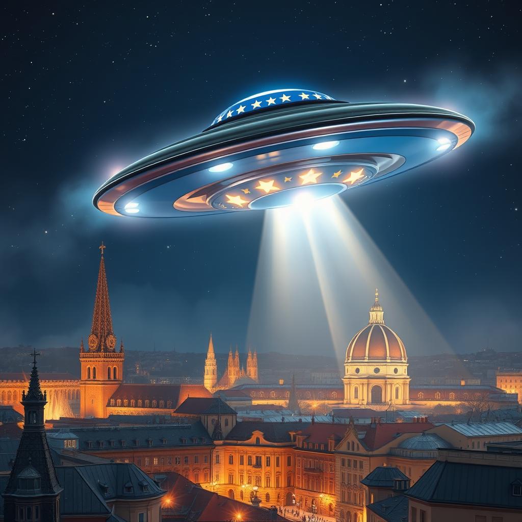 An artistic representation of the European Union depicted as a UFO hovering over a European cityscape, featuring the iconic stars of the EU flag glowing brightly