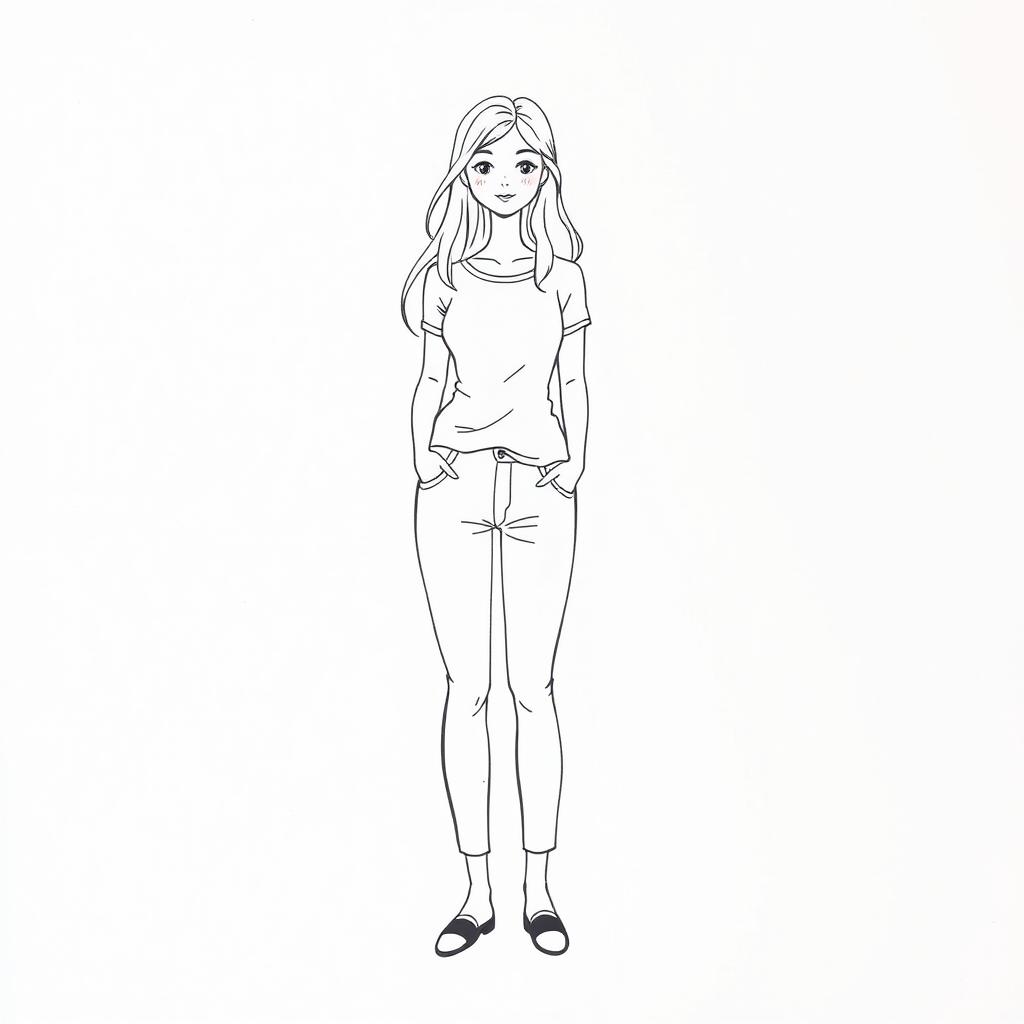 A hand-drawn illustration of a blonde woman standing full body, characterized by a minimalist approach with simple lines and shapes
