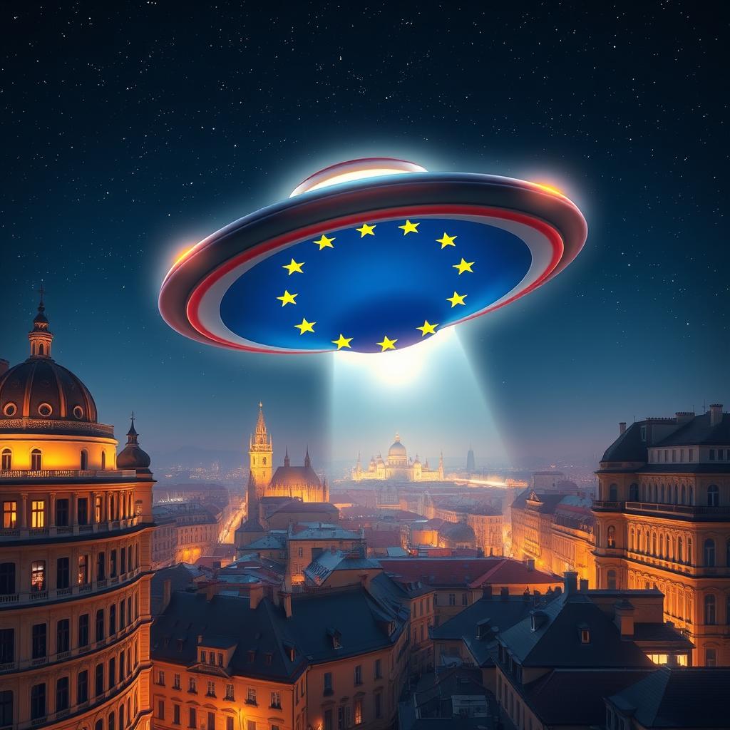 An imaginative visual concept showcasing the European Union represented as a UFO, hovering majestically above a bustling European city