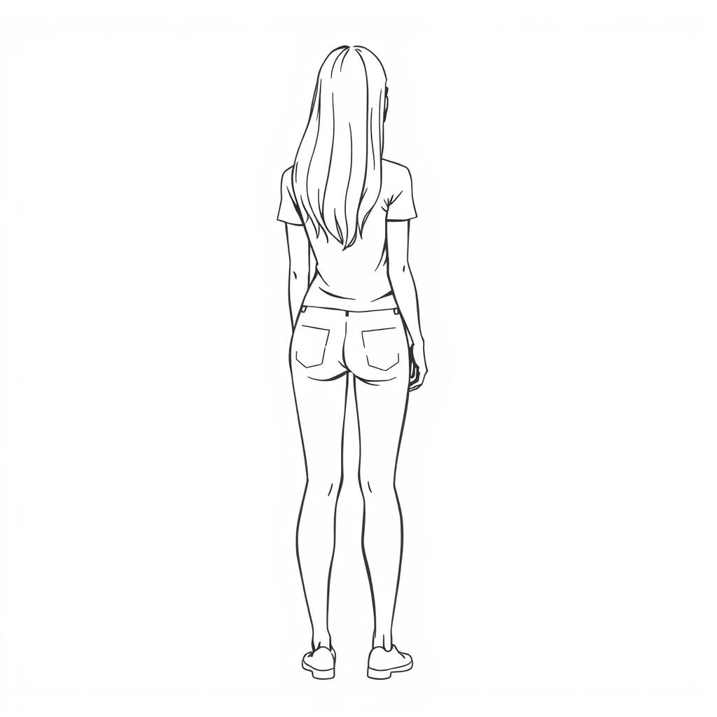 A hand-drawn illustration of a blonde woman standing full body, viewed from the back