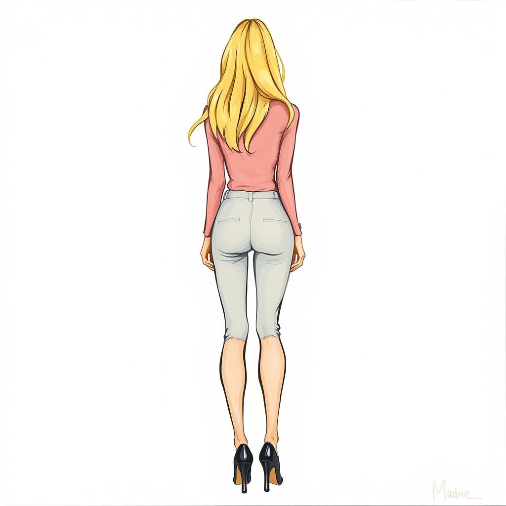 An acrylic painting of a stylish blonde woman standing full body, viewed from the back
