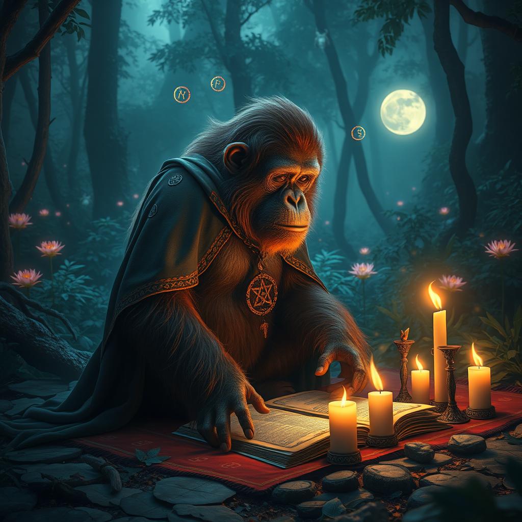 An orangutan practicing occult rituals in an enchanted forest