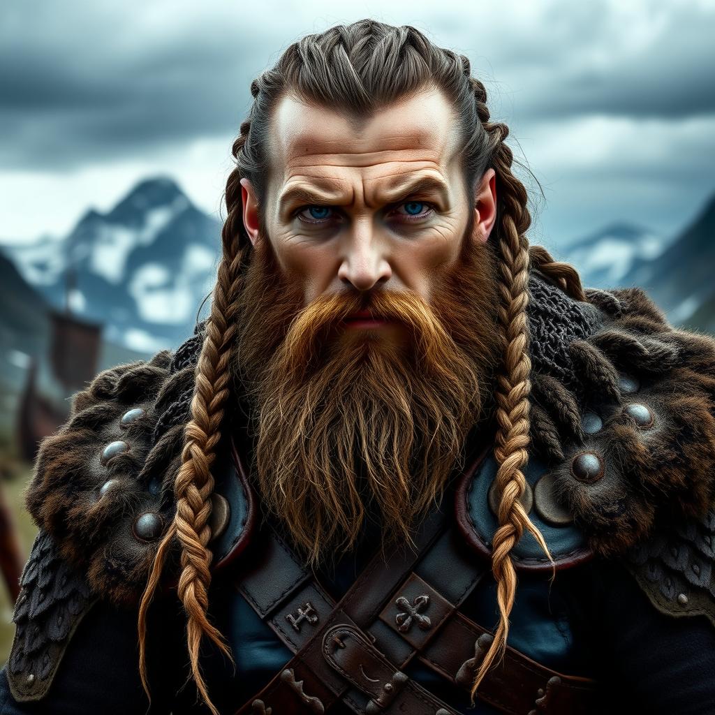 A powerful Viking warrior resembling Ragnar Lothbrok, with long, braided hair and a rugged beard