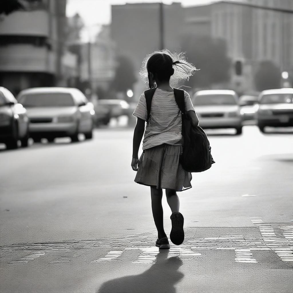 A young girl is walking through a bustling intersection on her way to school in the early morning.