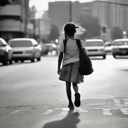 A young girl is walking through a bustling intersection on her way to school in the early morning.