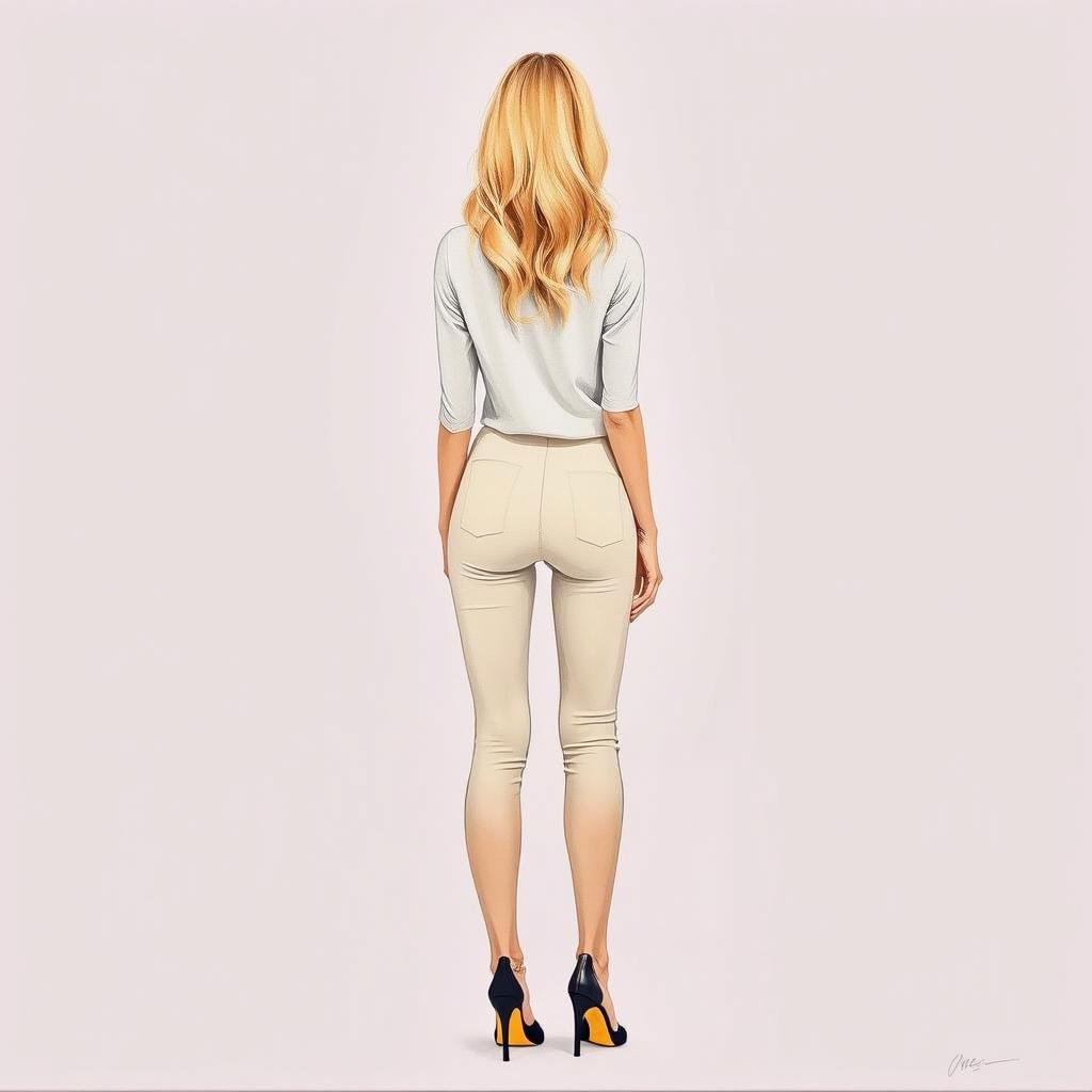 An acrylic painting of a stylish blonde woman standing full body, viewed from the back