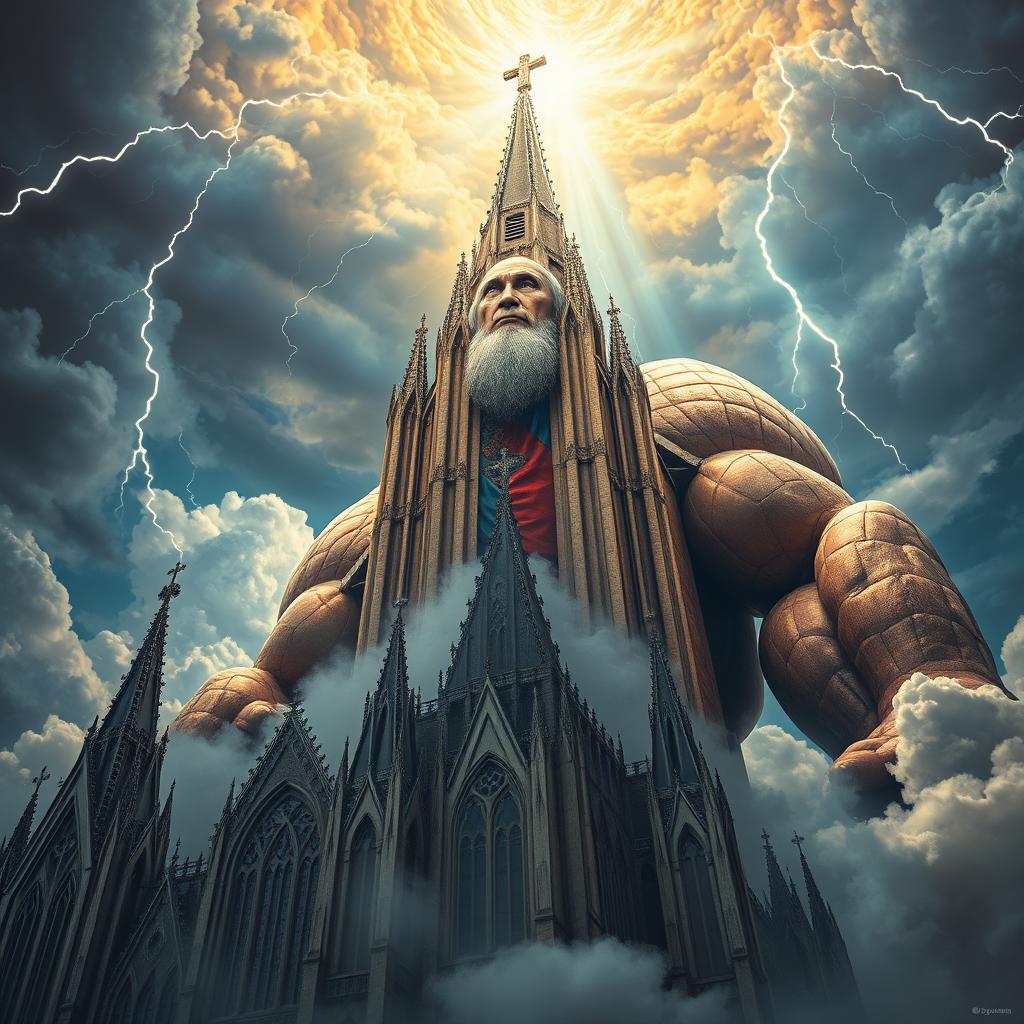 A fantastical scene featuring a majestic cathedral piercing through the clouds, towering over a colossal, mythical giant resembling Putin, who embodies power and strength