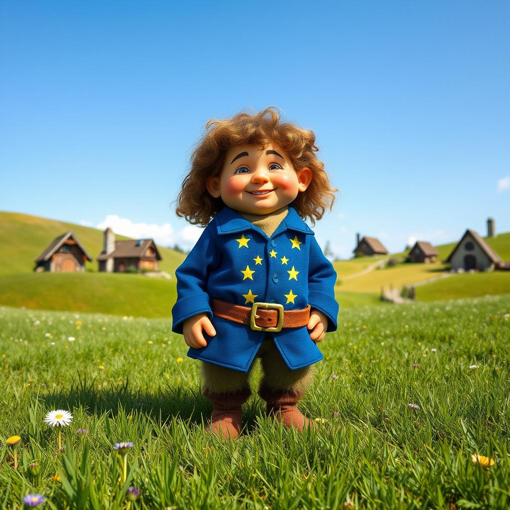 A whimsical hobbit dressed in a European Union-themed outfit, complete with a blue jacket adorned with gold stars representing the EU flag
