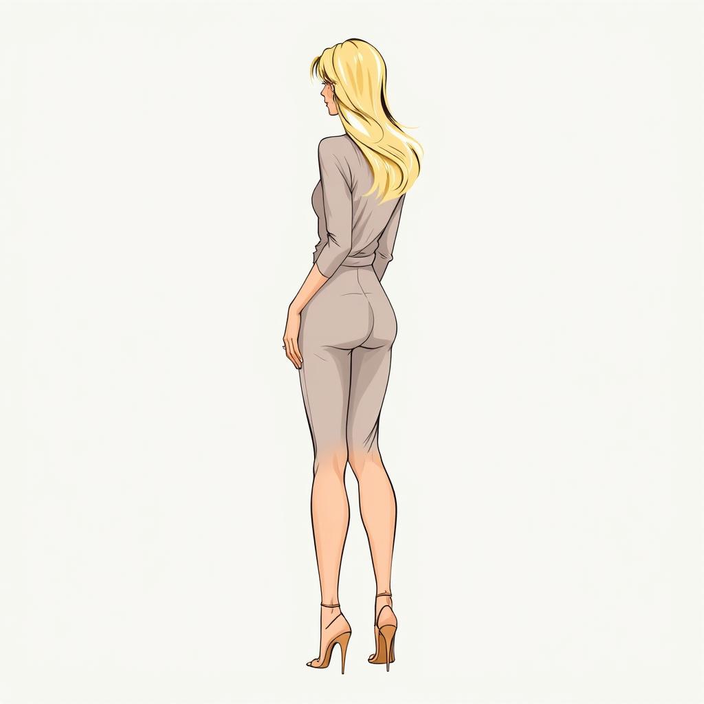 A full body profile of a stylish blonde woman standing with her back to the viewer