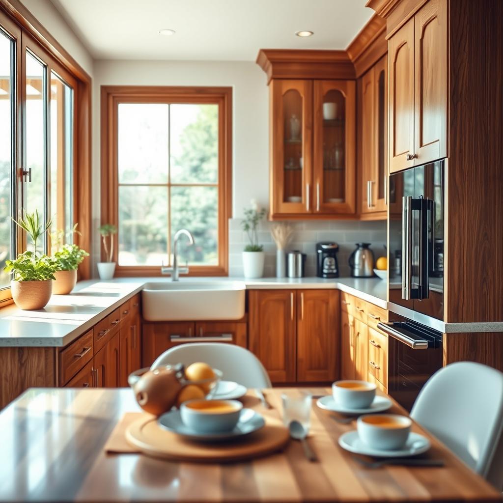 A beautifully designed kitchen interior showcasing elegant wooden cabinetry, sleek countertops, and modern appliances