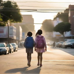 A young girl is walking through a bustling intersection on her way to school in the early morning.