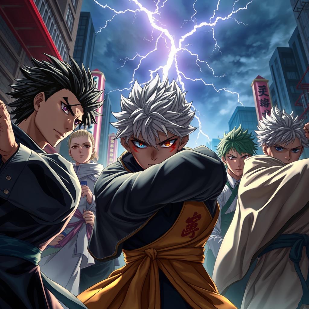 A highly detailed ultra-realistic depiction of characters from Jujutsu Kaisen, capturing their unique features and dynamic poses