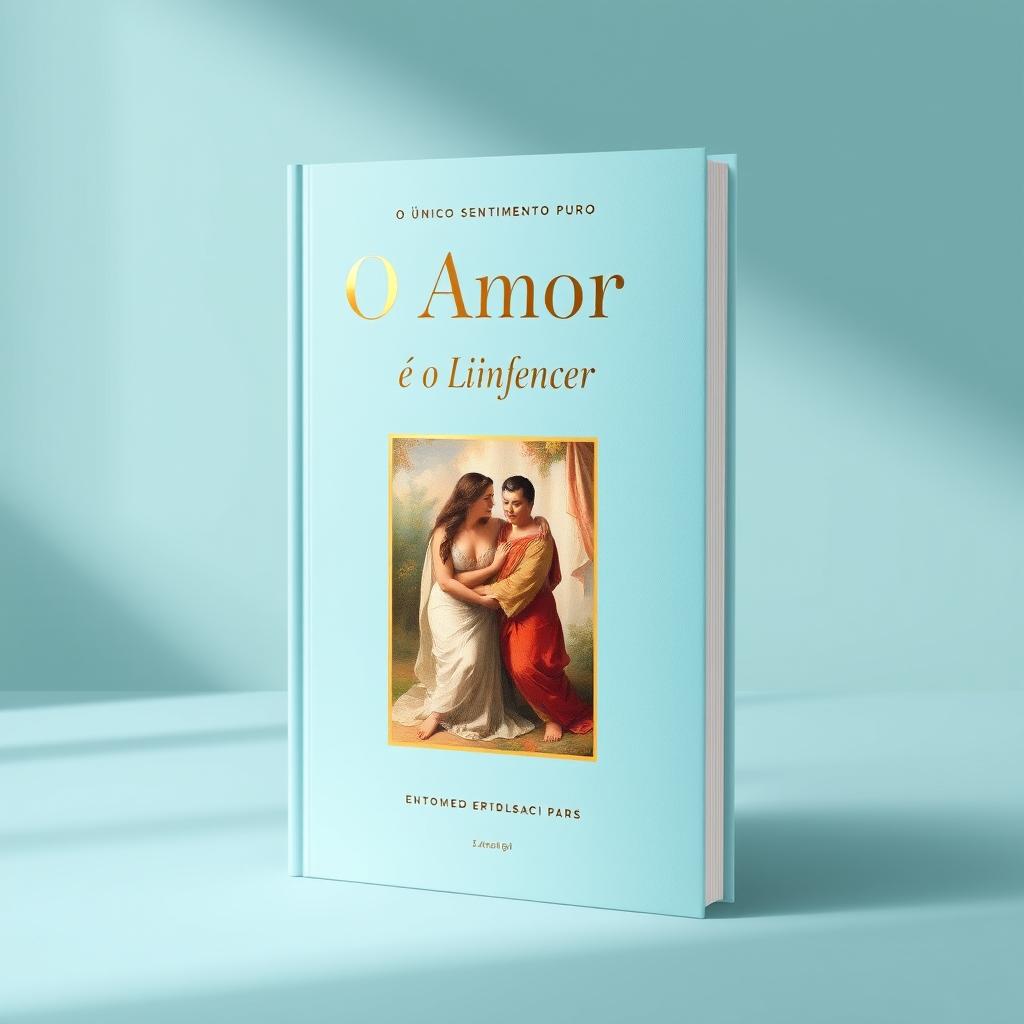 A book cover design featuring a light blue background with the title "O Amor é o Único Sentimento Puro" in elegant golden letters