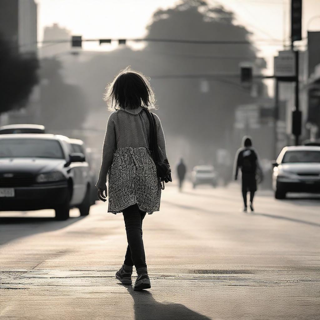 A young girl is walking through a bustling intersection on her way to school in the early morning.