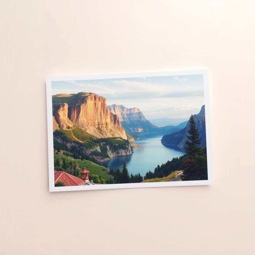 A beautifully designed postcard featuring an artistic photo at the center, with an empty space where the text typically is