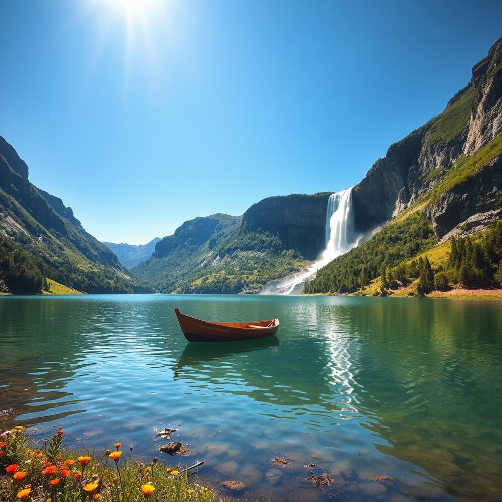 A serene and picturesque landscape featuring a tranquil lake surrounded by lush green mountains under a clear blue sky