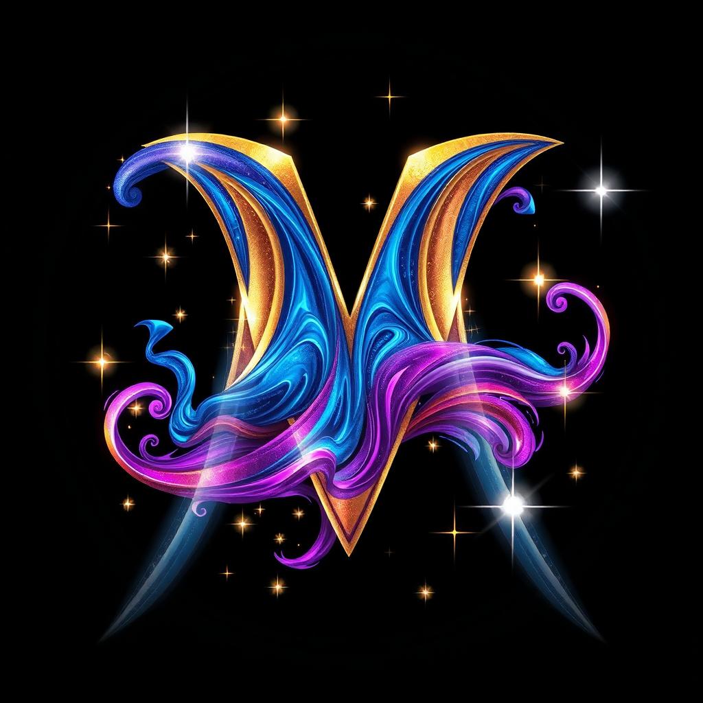 A vibrant and colorful abstract representation of the letter 'V', featuring swirling patterns of blue, purple, and gold, surrounded by sparkling stars and dynamic light effects, set against a dark cosmic background