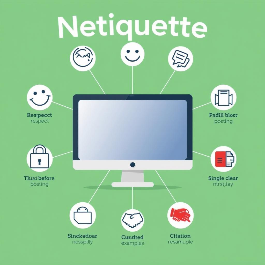 A netiquette poster featuring a large computer or phone screen at the center, symbolizing online communication
