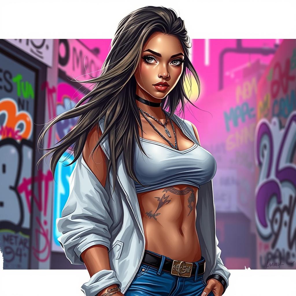 A striking digital painting of a confident young woman, portrayed in a stylish and edgy fashion
