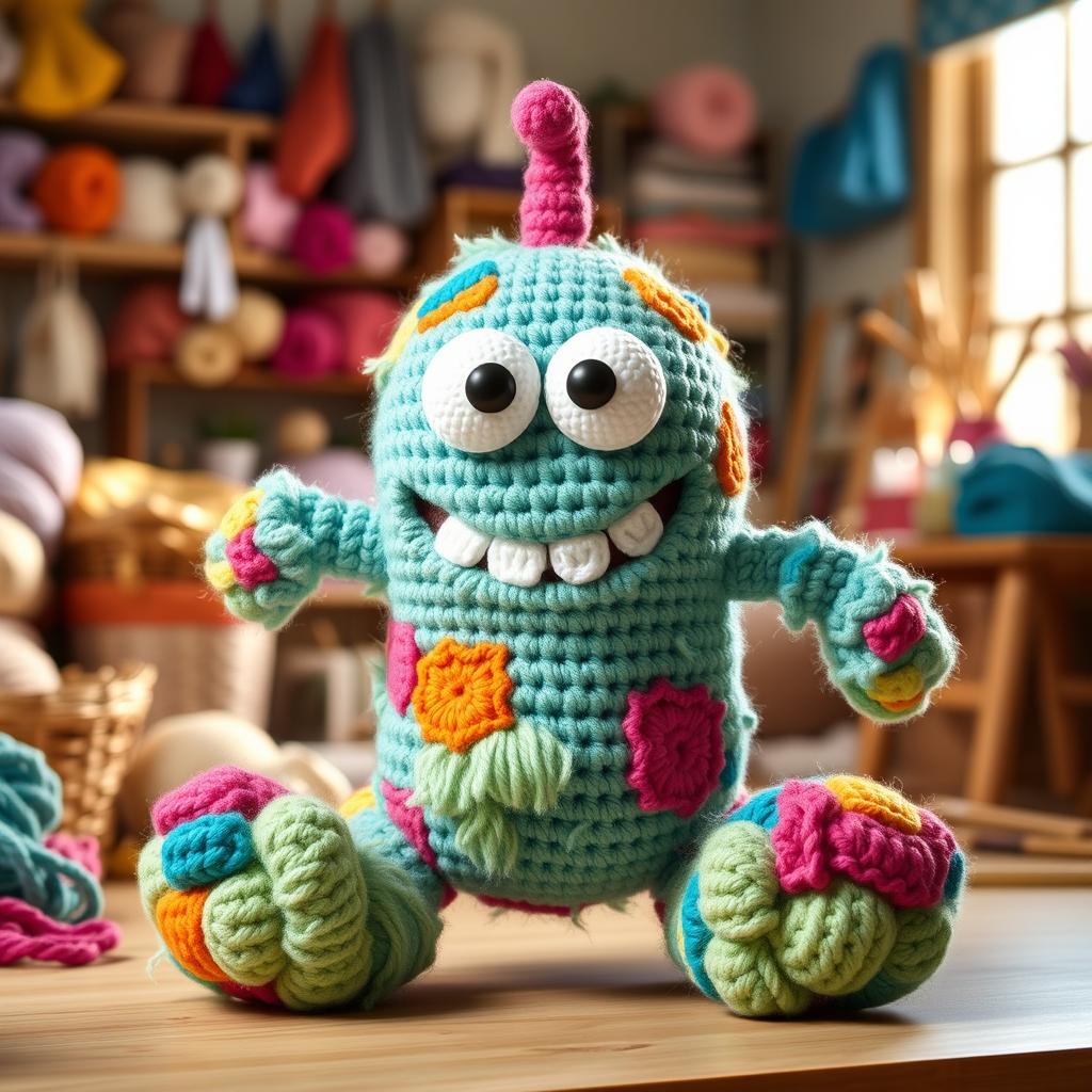 A whimsical crocheted monster with bright, playful colors, oversized eyes, and a big, friendly smile