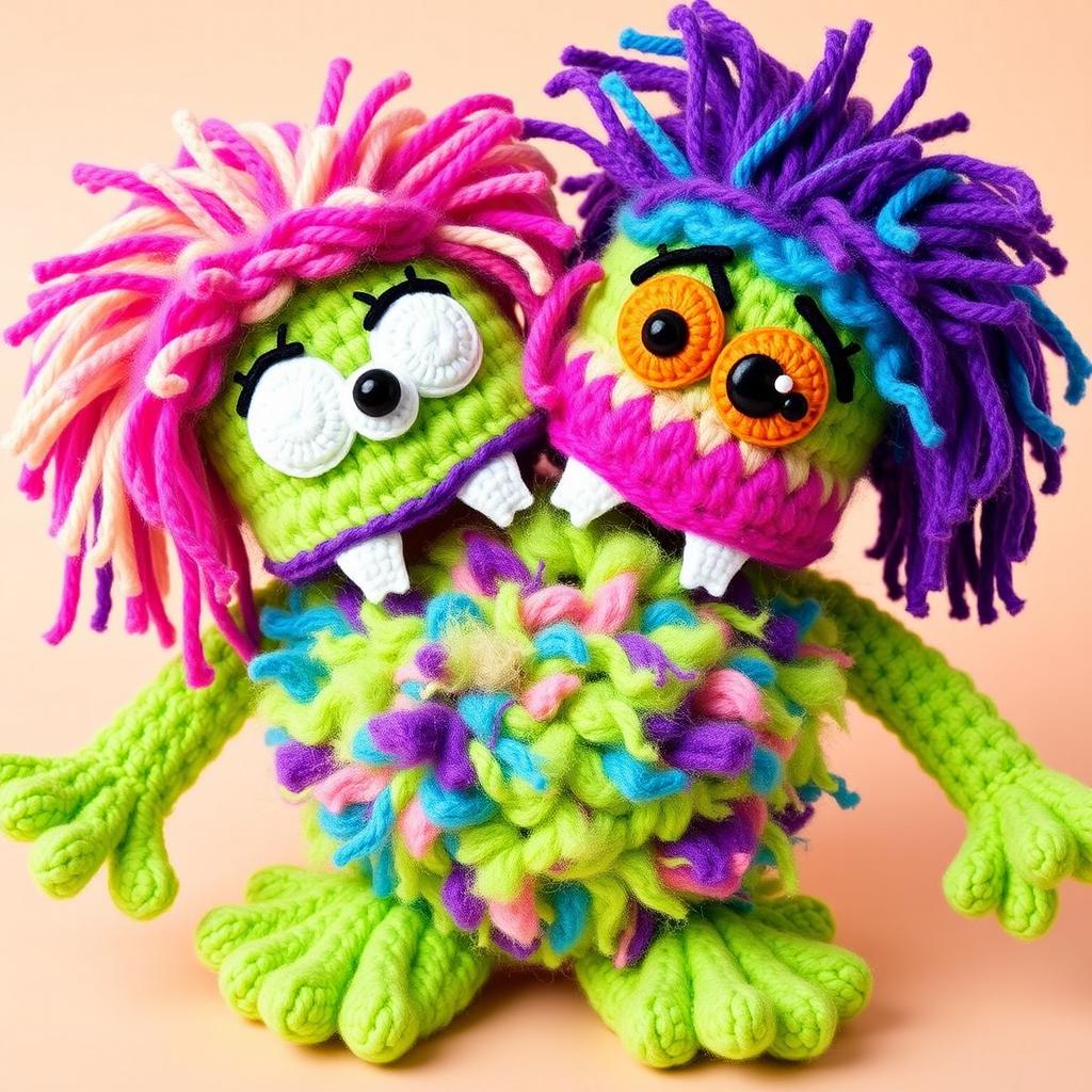 A whimsical and colorful crocheted monster with two heads, each featuring unique facial expressions