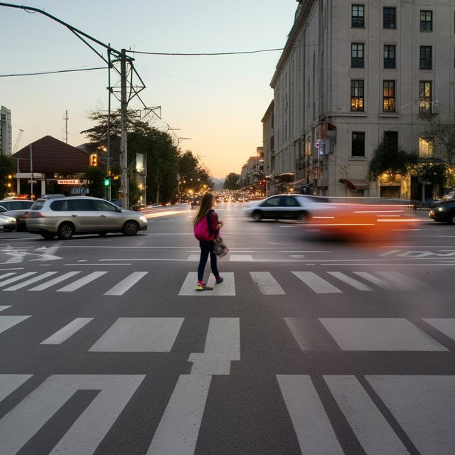 A young girl is walking through a busy intersection in the early morning, on her way to school.