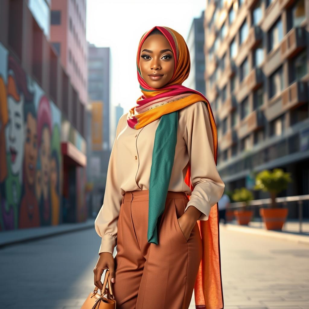 A stunning hijabi woman standing confidently in an urban setting, adorned in a fashionable and colorful hijab