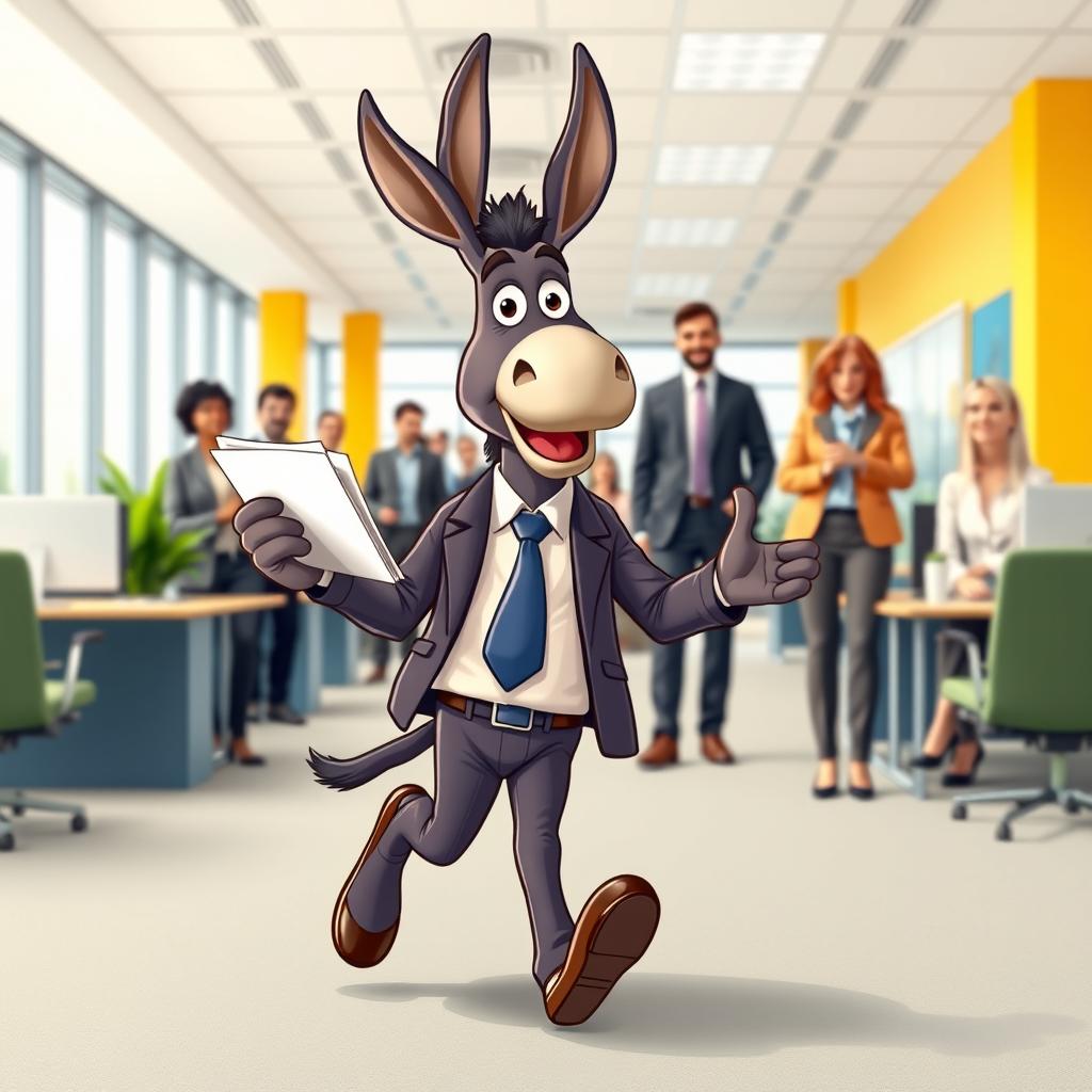 A quirky cartoon donkey character, humorously dressed in business attire, walking energetically through a modern office environment