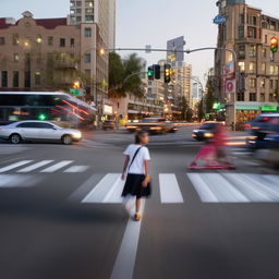 A young girl is walking through a busy intersection in the early morning, on her way to school.