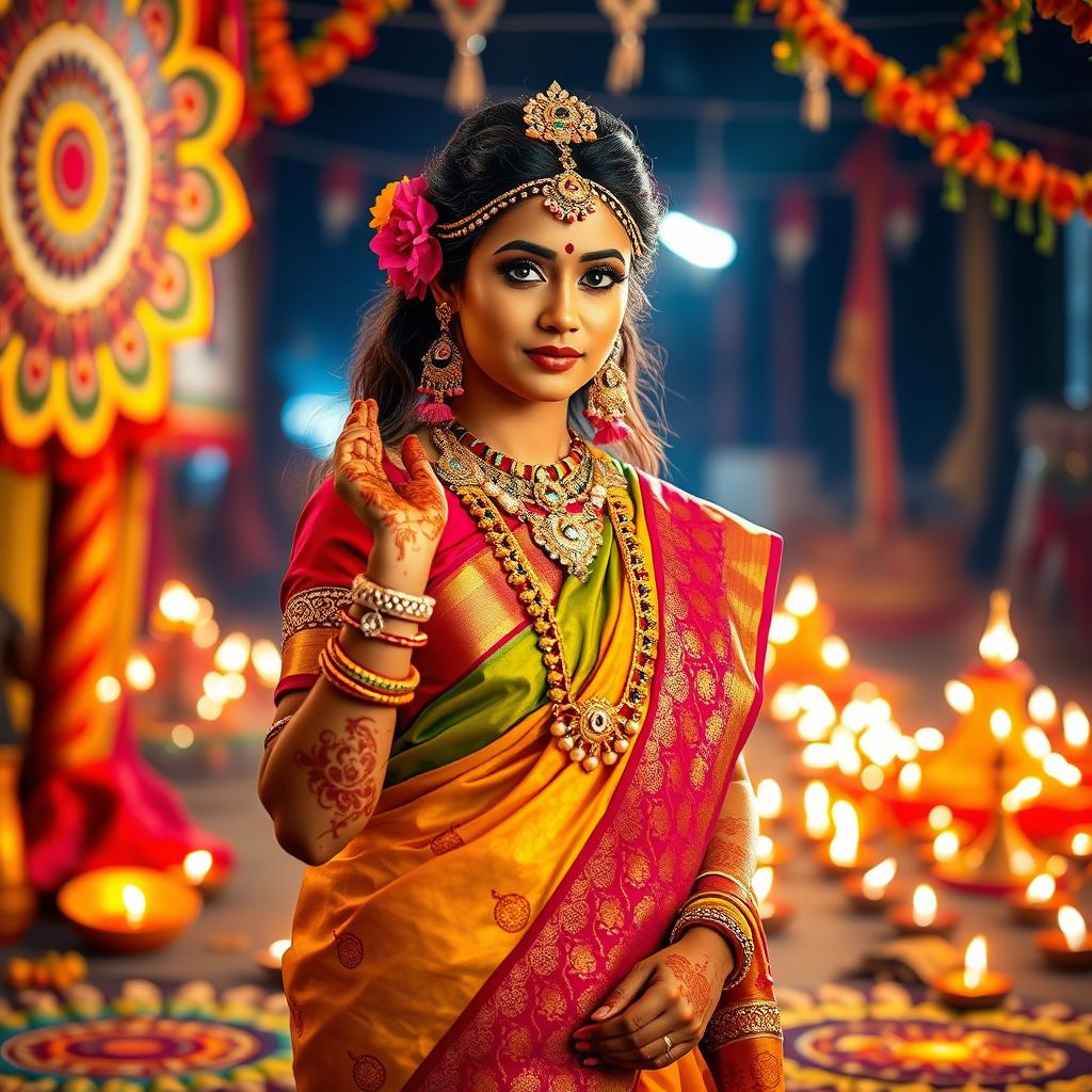 A dramatic and colorful depiction of a Hindu woman in traditional attire, showcasing her intricate jewelry and vibrant saree with rich patterns