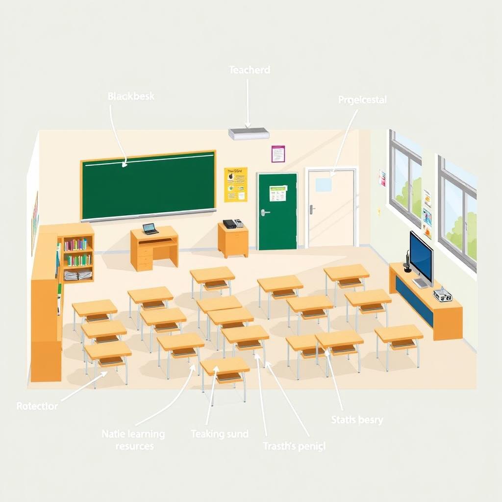 A detailed classroom layout illustration featuring a variety of elements labeled clearly
