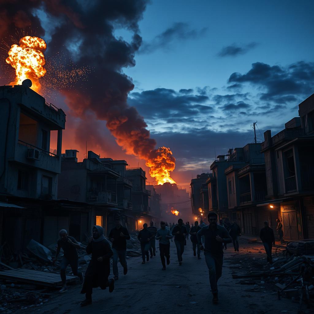 An intense and dramatic scene depicting the chaos of an Israeli airstrike in an urban environment at dusk
