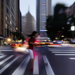 A young girl is walking through a busy intersection in the early morning, on her way to school.