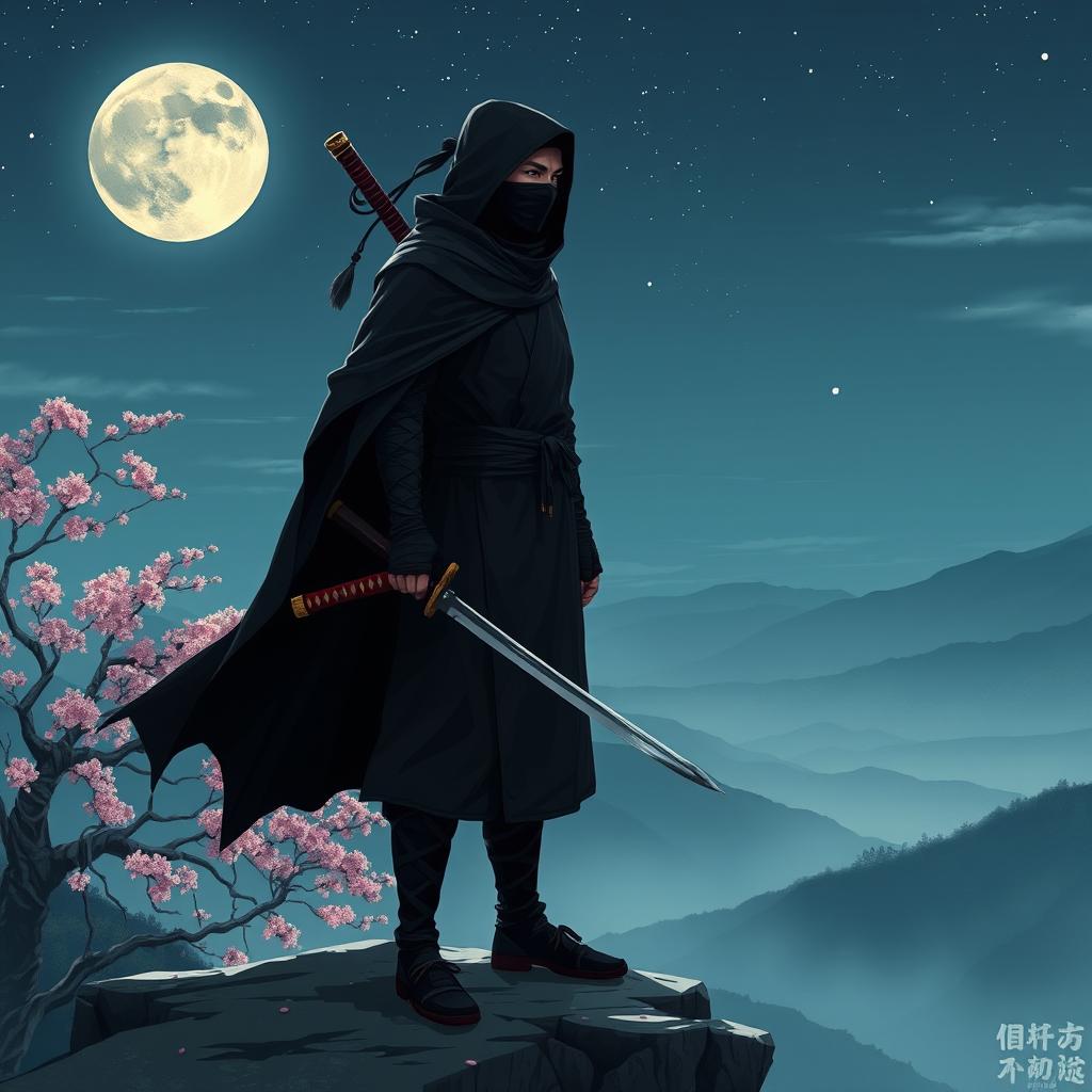A lone ninja standing on a cliff under a moonlit sky, dressed in traditional dark ninja attire with a flowing black cloak