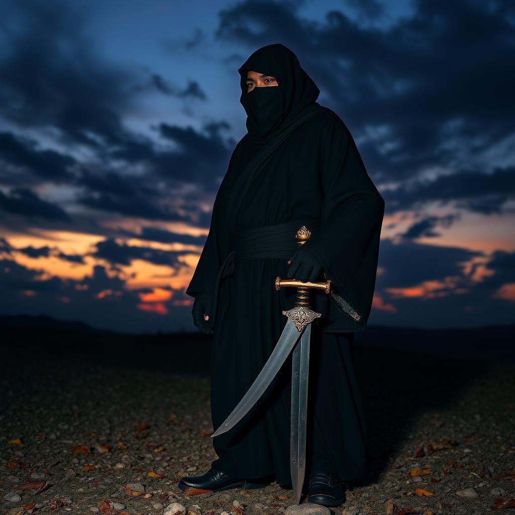 A solitary ninja, dressed in traditional black garb, stands on a desolate landscape, the weight of a difficult life evident in their posture