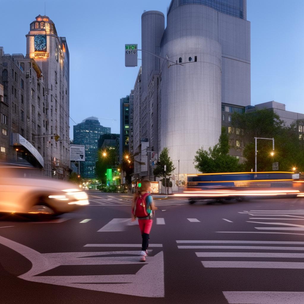 A young girl is walking through a busy intersection in the early morning, on her way to school.