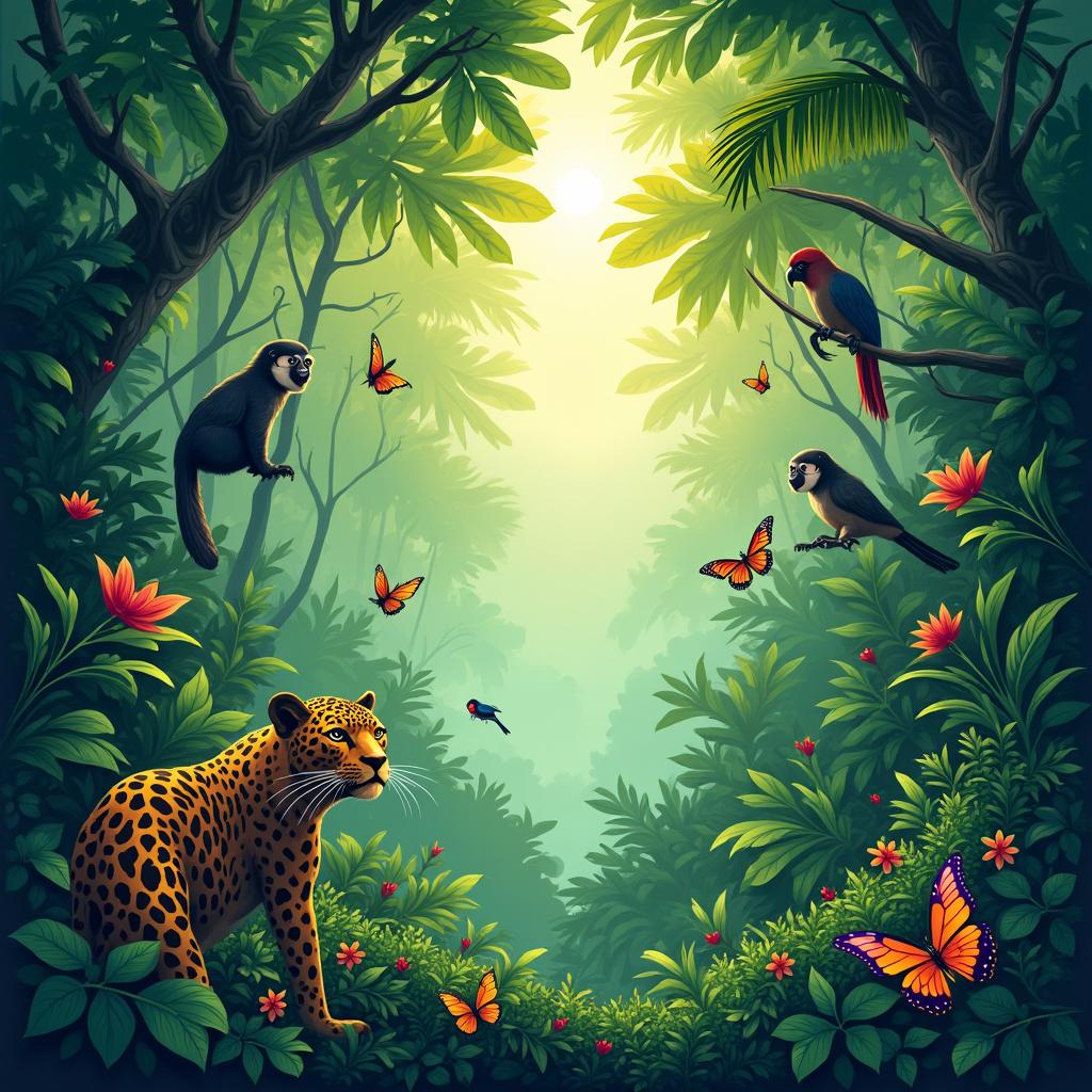 An enchanting jungle ecosystem teeming with life, filled with towering tropical trees, their vibrant green leaves shimmering in the sunlight
