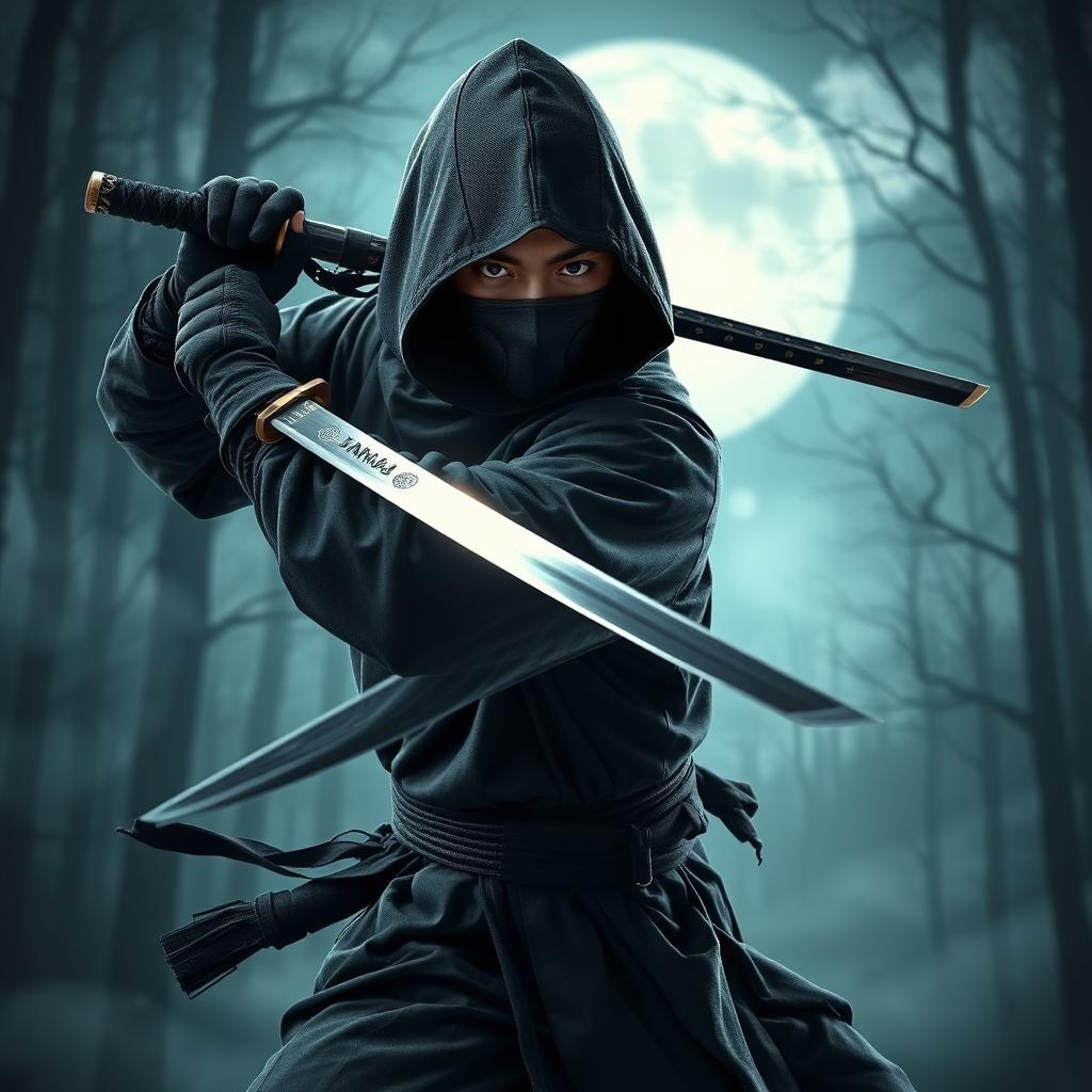 A highly skilled ninja assassin wielding an expressive katana, cloaked in dark, flowing attire, poised gracefully in a dynamic action stance