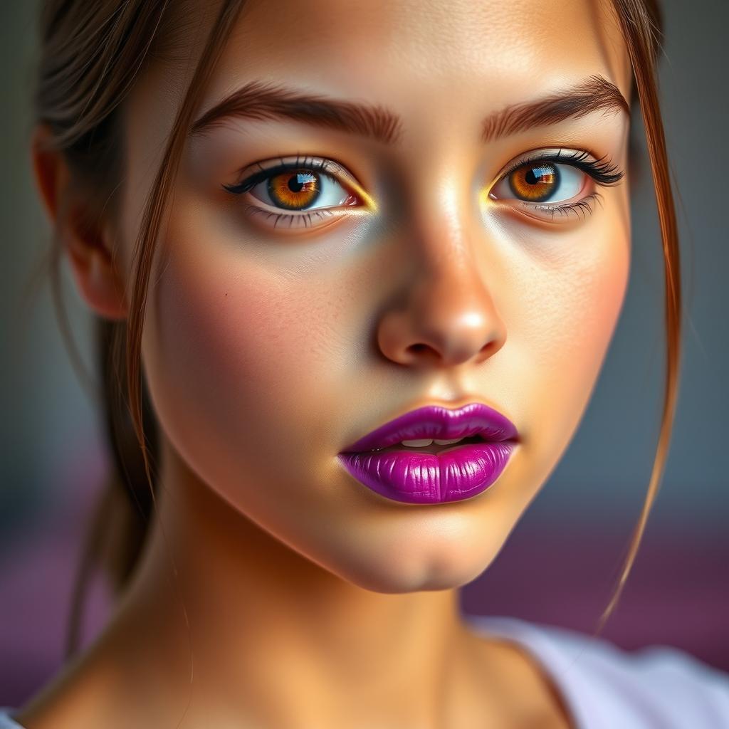 A beautiful girl with purple lipstick on her lips, showcasing her striking brown eyes