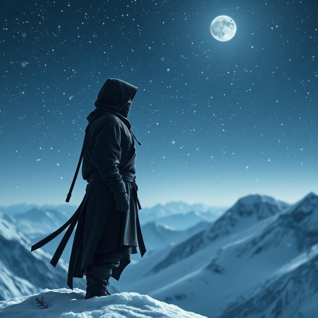 A solitary ninja standing atop a snowy mountain, observing a cold night sky filled with twinkling stars