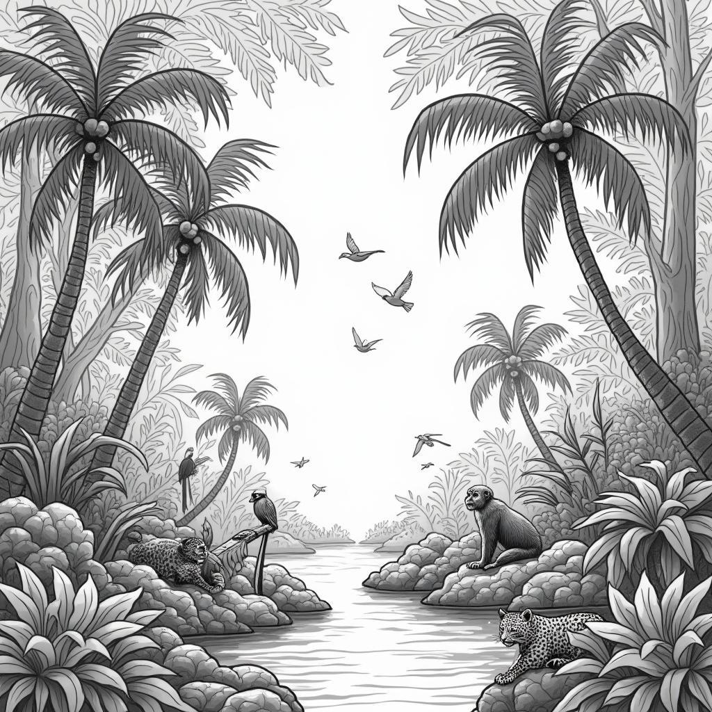 A beautiful sketch of a jungle ecosystem, featuring intricate line work showcasing towering tropical trees with broad leaves