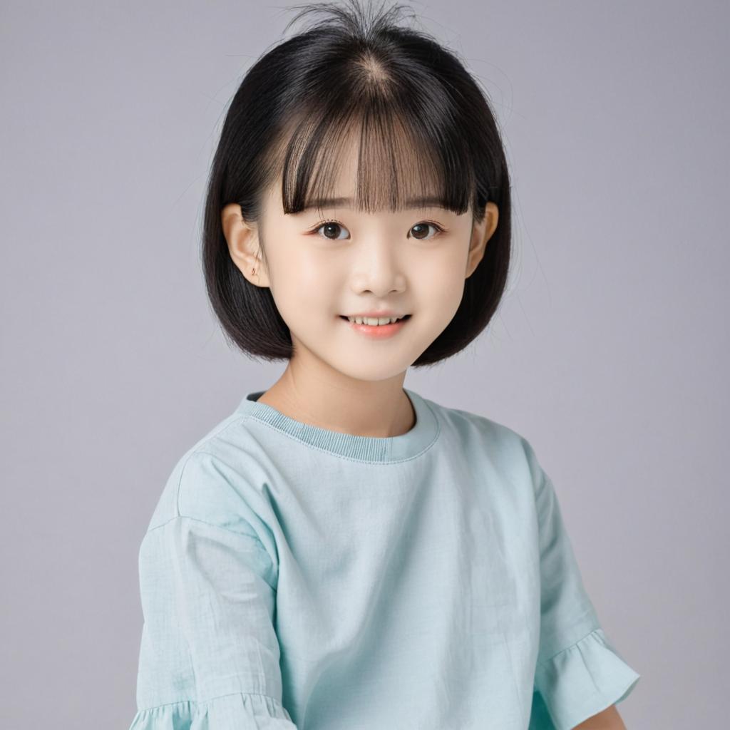 A cute 6 year old Korean girl with short black hair wearing a cute outfit