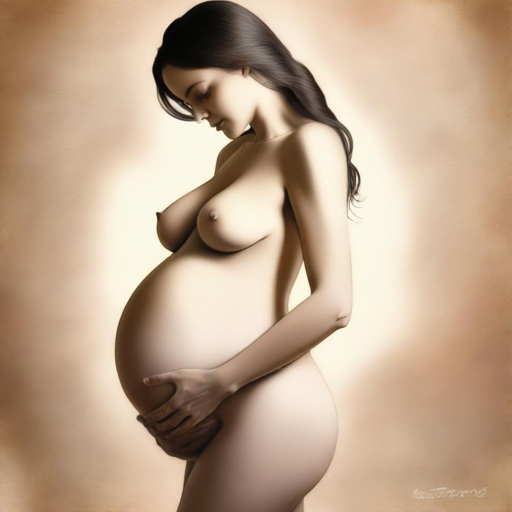 An artistic, tasteful, and high-quality digital art image of a pregnant woman, unclothed but not explicit