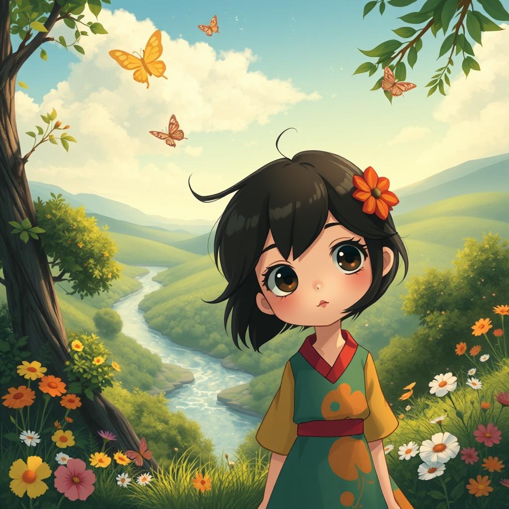 A whimsical animated portrait inspired by Studio Ghibli style, featuring a serene landscape with lush, vibrant greenery and a distinctive vintage aesthetic