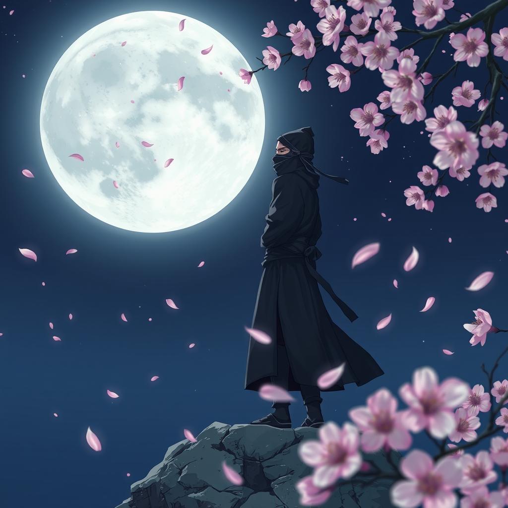 A solitary ninja observing the full moon in a tranquil night scene, surrounded by gently blowing sakura blossoms