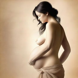 An artistic, tasteful, and high-quality digital art image of a pregnant woman, unclothed but not explicit